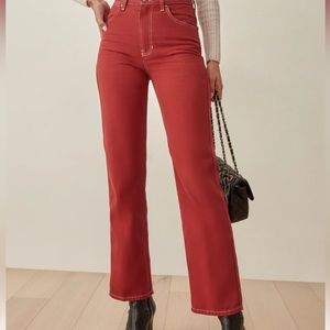 Reformation cowboy high rise straight leg jeans in red!